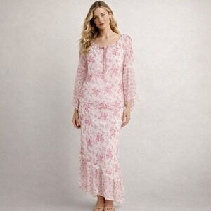 Vintage Robbie‎ Bee Pink Floral Silk Chiffon 2 Piece Maxi Skirt and Blouse Set